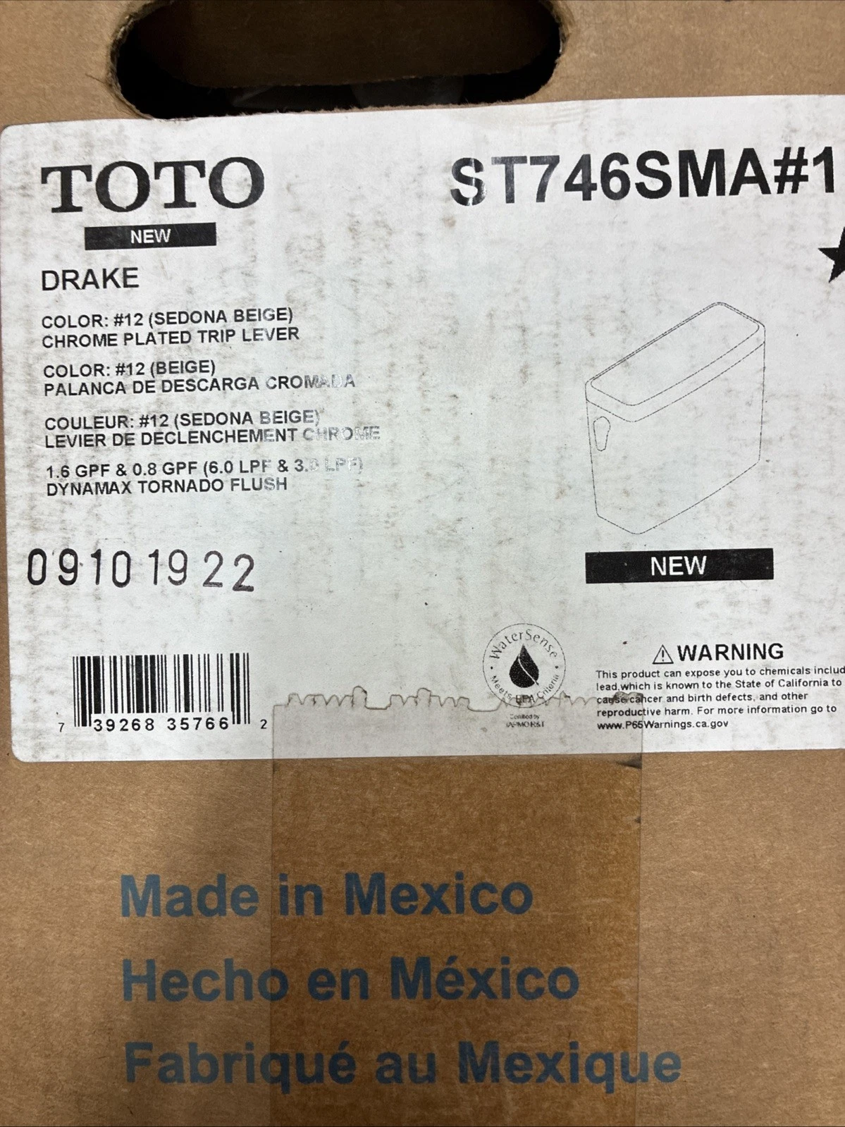TOTO ST746SMA#12 1.6 GPF Tank Sedona Beige Drake Toilet Tank Box Opened To Insp. - Image 3