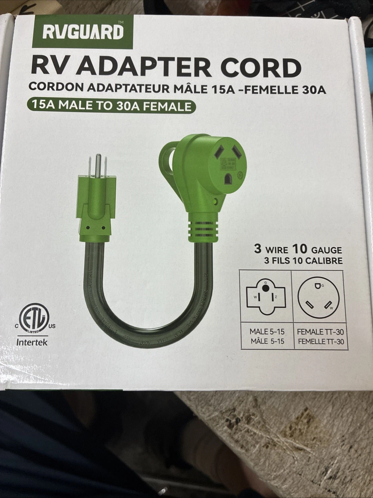 RV Camper Cord Adapter 15A Male to 30A Female 12inch Power Connector 10AWG/3