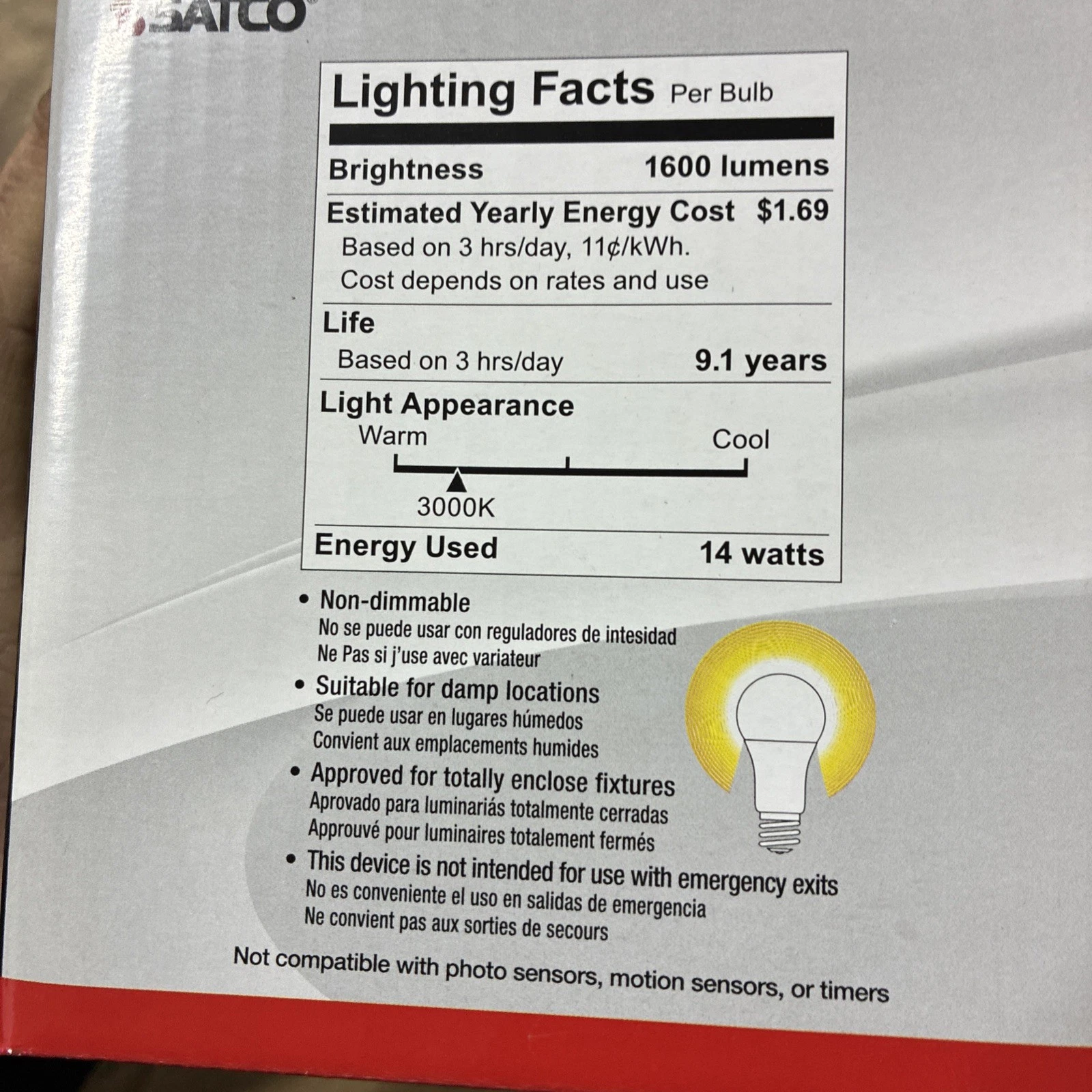 SATCO 14W 100W Replacement A19 LED - 3000K - 10-Pack - Image 3