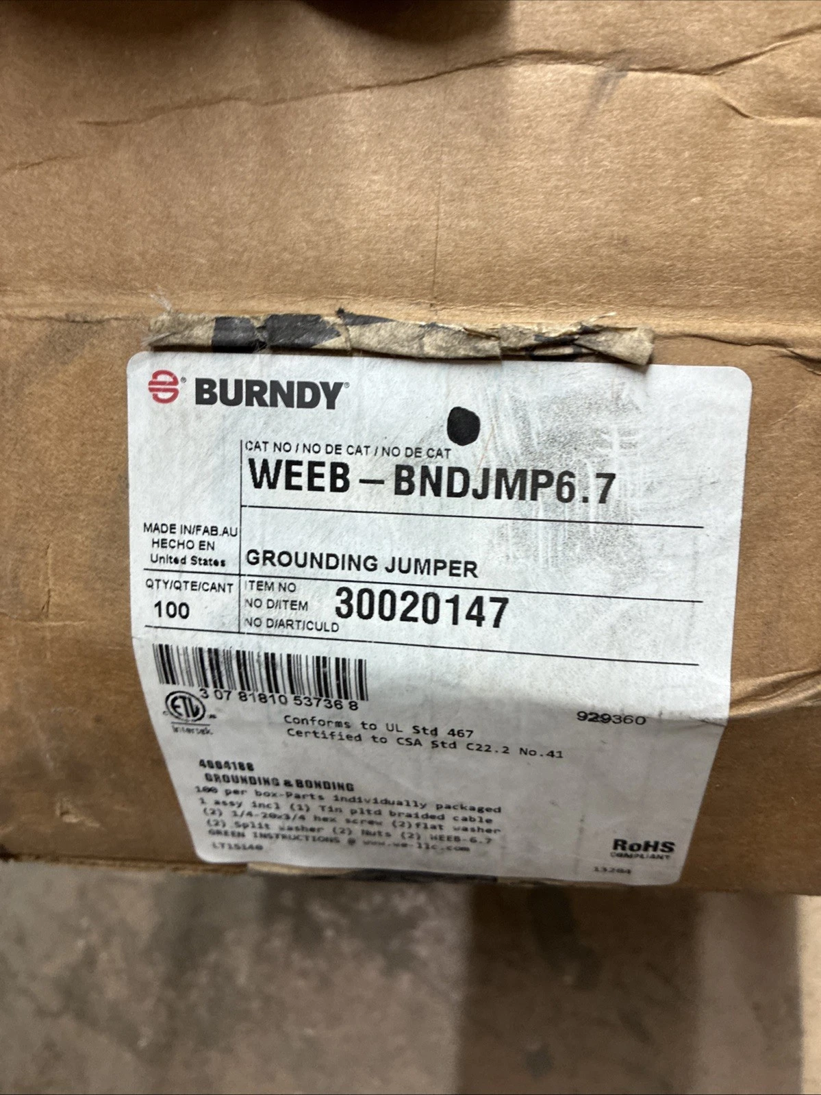 Burndy WEEB Grounding Jumper WEEB-BNDJMP6.7 30020147 (10-PACK) *NEW* - Image 2